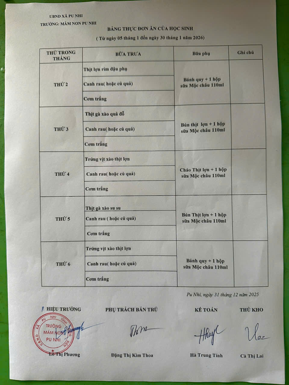 Thực đơn tháng 01 2026