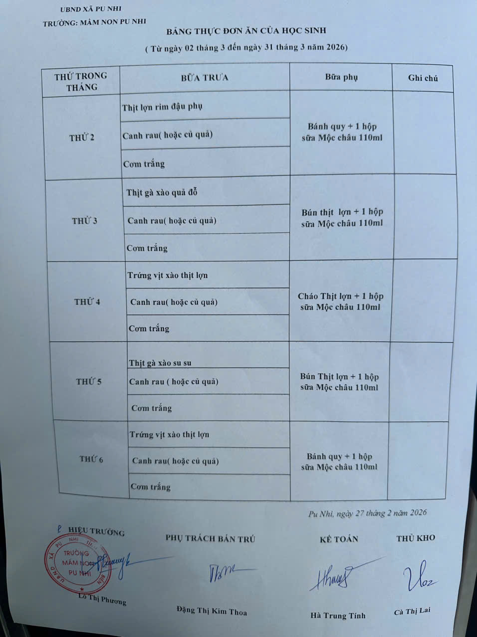 Thực đơn tháng 3 2026